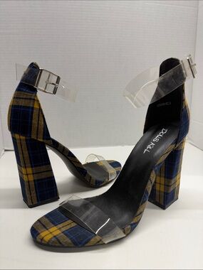 Dolls Kill Bee Like Whatever Plaid Heels High Heel Shoes Clear Strap Blue Size 8